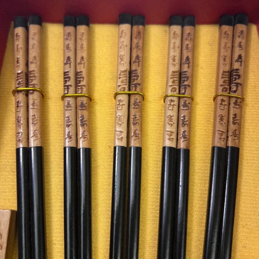 5 Pair Black Wood Chopstick Set with Calligraphy and Rests in Box